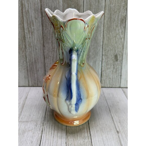 Vintage Lusterware Vase Art Pottery Floral Double Handle 9" - Made in Brazil - Picture 4 of 13